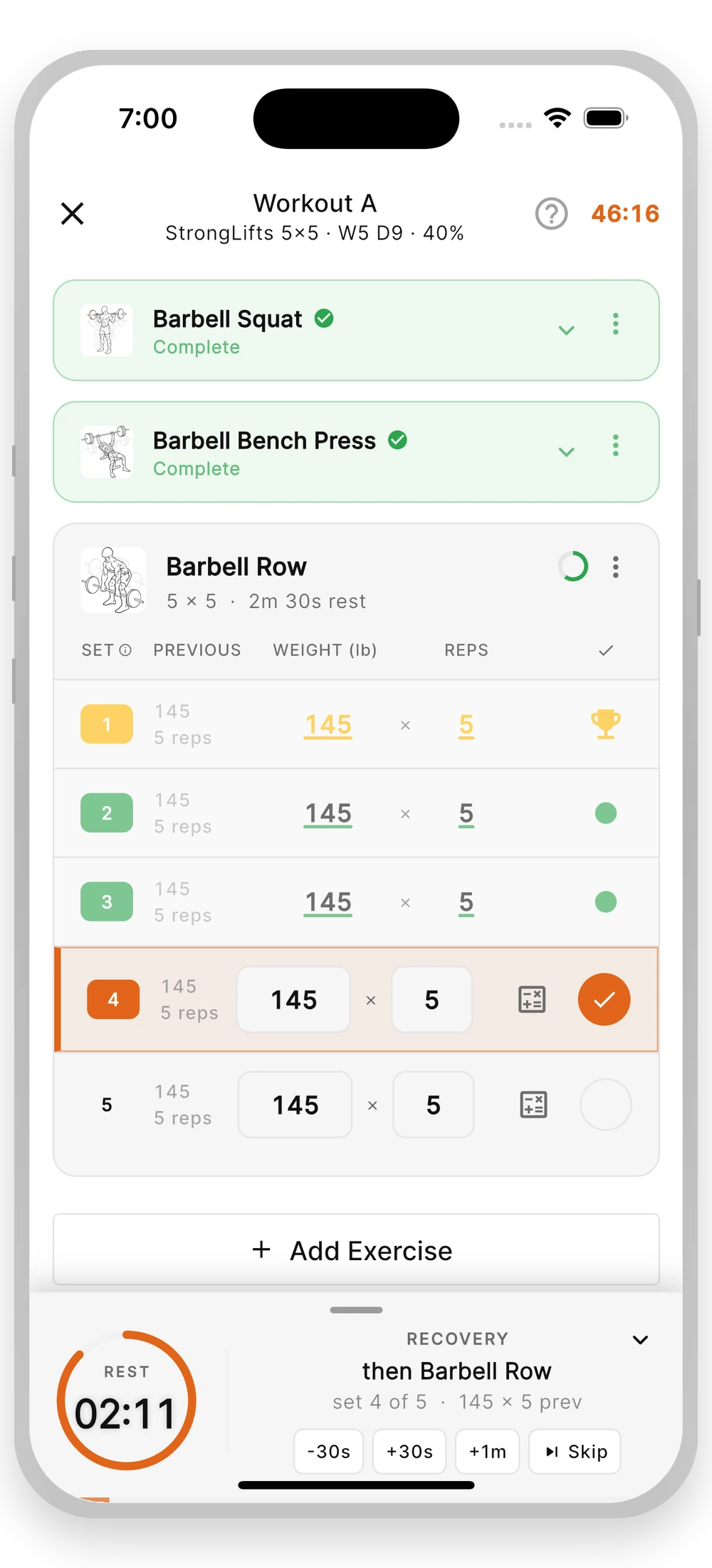 Massiv active workout screen logging a set