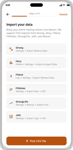 Massiv import screen listing CSV exports from Strong, Hevy, Fitbod, FitNotes, StrongLifts and Jefit