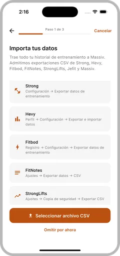 Pantalla de importación de Massiv con las exportaciones CSV de Strong, Hevy, Fitbod, FitNotes, StrongLifts y Jefit