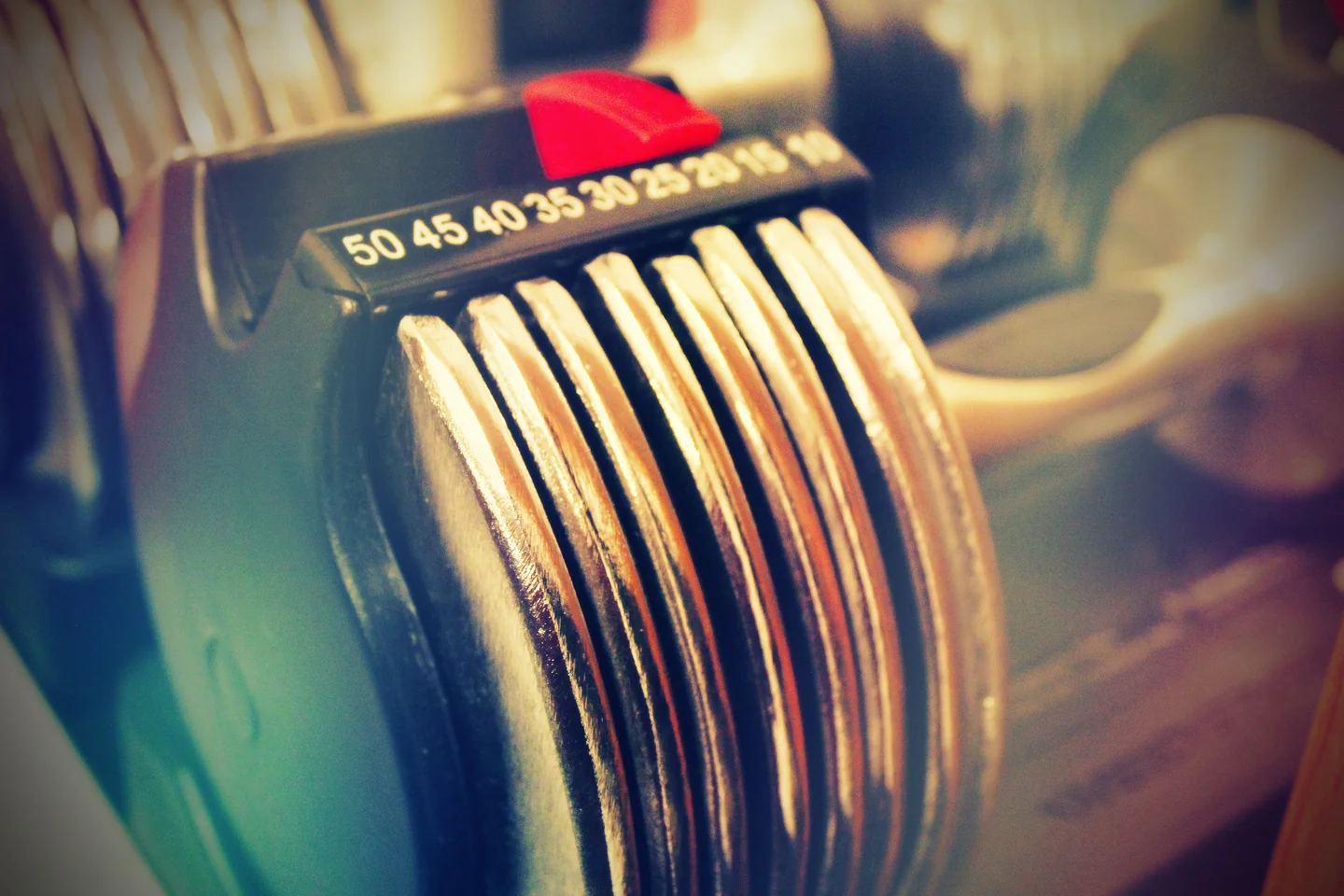 Close-up of an adjustable dumbbell with weight increments visible