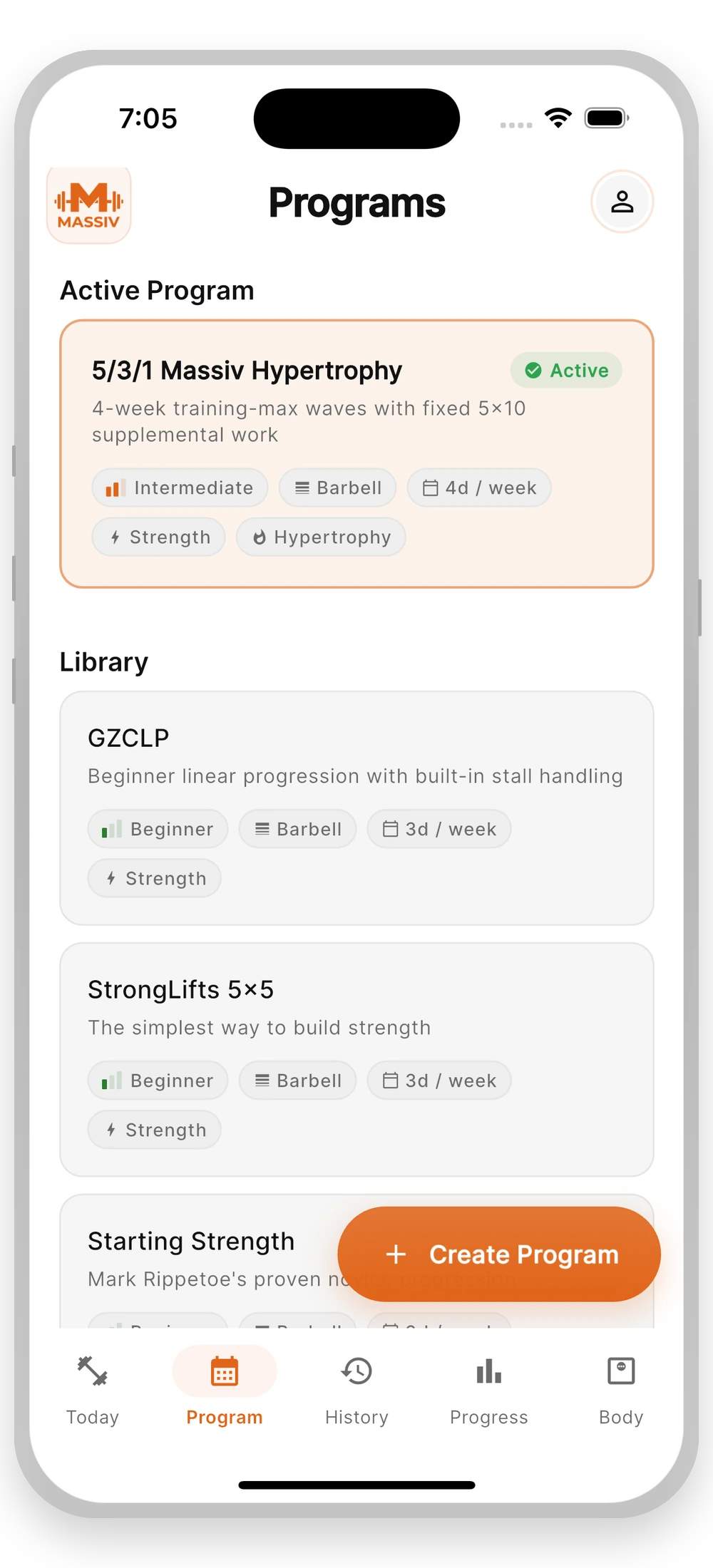 Massiv program library screen
