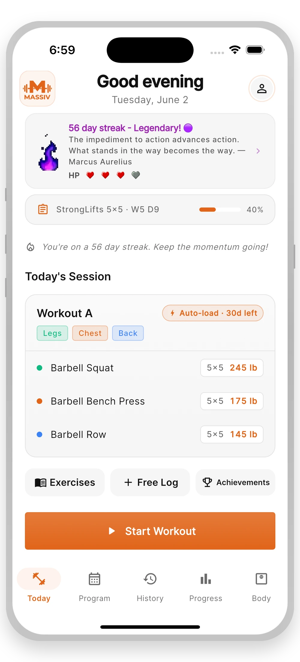 Massiv's today screen showing the day's 5/3/1 working sets with target weights